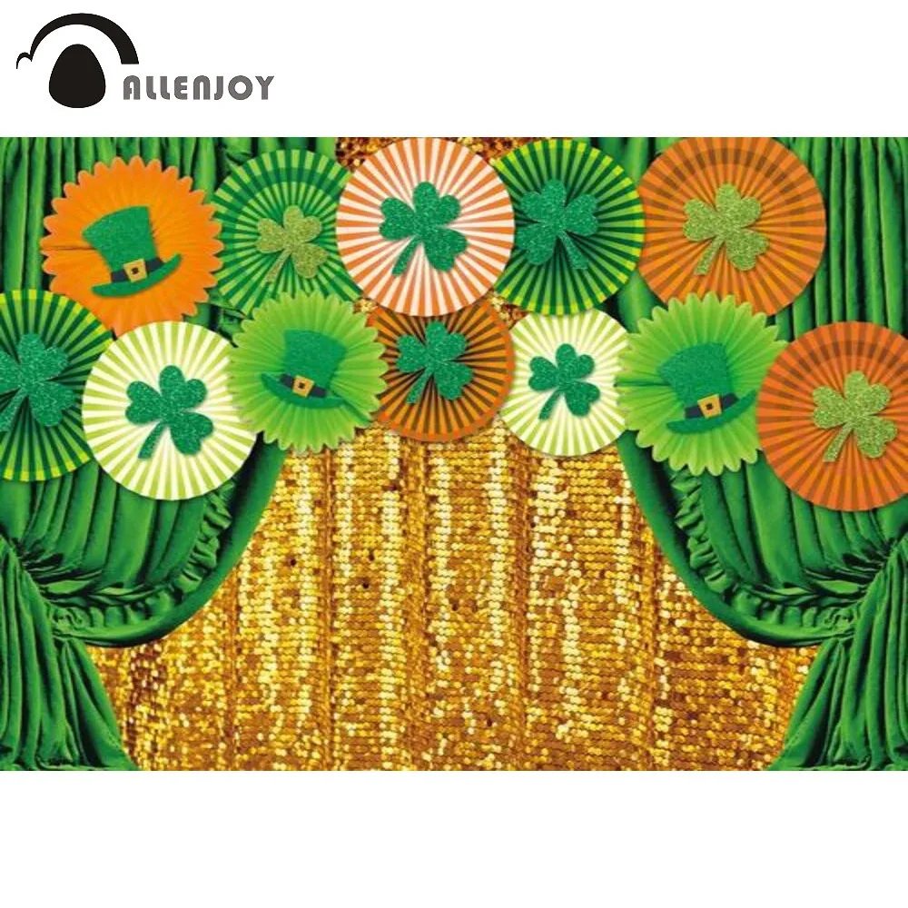 

Allenjoy St.patrick's Day Party Background Baby Shower Gold Glitter Green Lucky Clover Festival Photography Props Backdrop