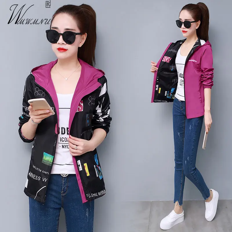 

Женская Двухсторонняя куртка с капюшоном, Повседневная Свободная Женская одежда в Корейском стиле, Весенняя тонкая легкая спортивная верх...