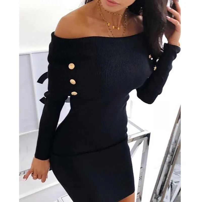 

Women's sexy off shoulder tight knit mini skirt spring and autumn fashion solid color slim long sleeve tight button party dress