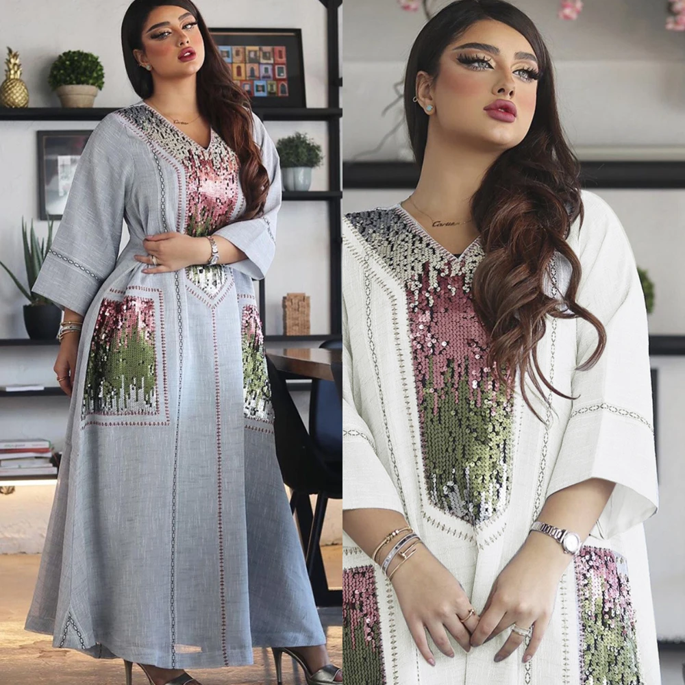 

AB053 Dress To The Floor Grey White Abaya Woman Muslim Sets Sequins Loose Fat Plus Size Female Accessories Ramadan Kaftan Islam