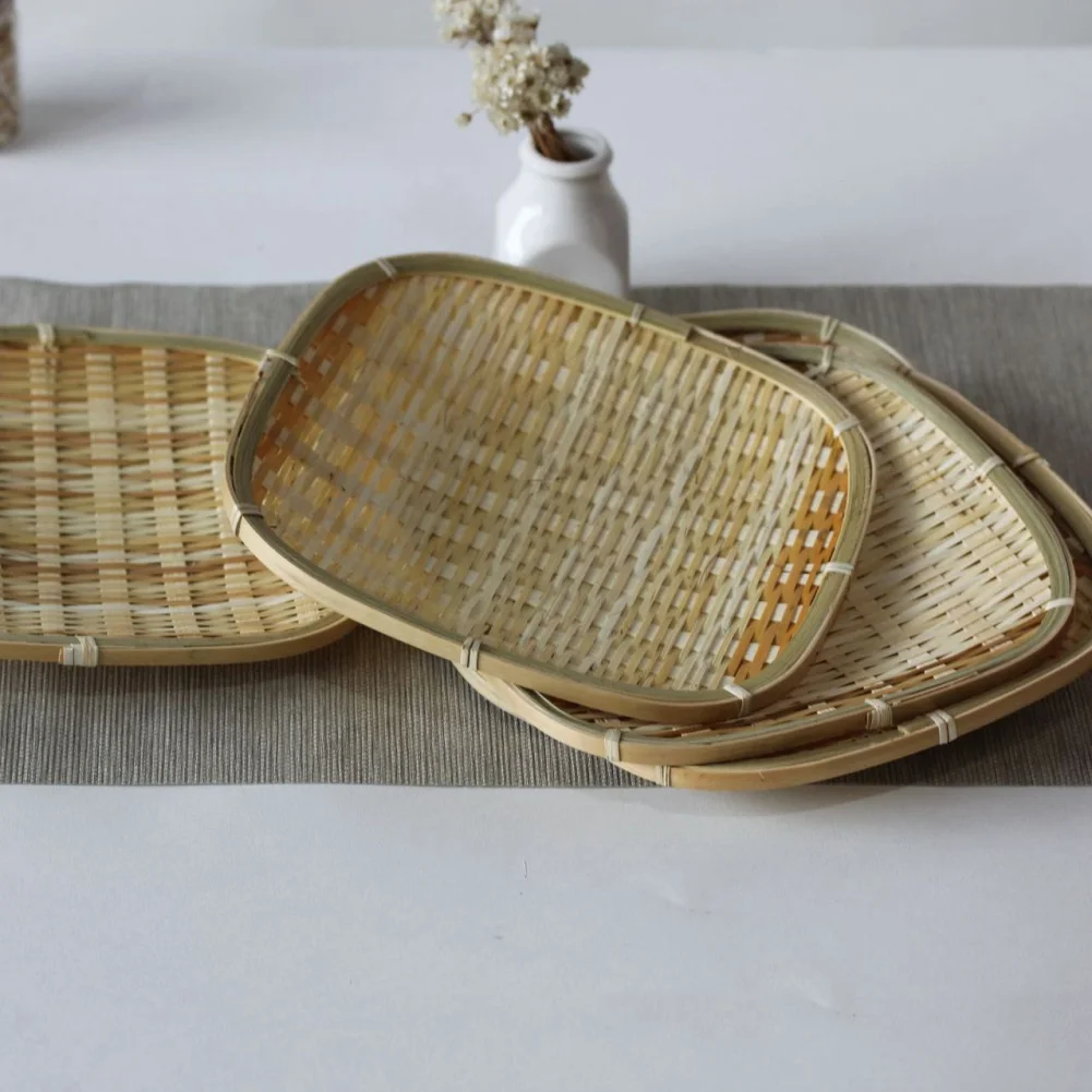 

Woven Bamboo Storage Tray Flat Shallow Basket Bread Food Plate Fruit Cake Platter Handmade Round Basket Dinner Serving Tray