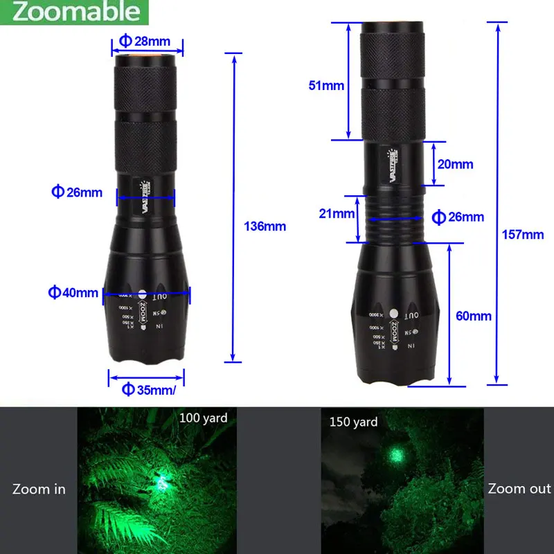 

Q5LED Tactical Flashlight Green Light A100 Zoomable Torch Waterproof USB Rechargeable Outdoor Hunting Fishing LightWith Box18650