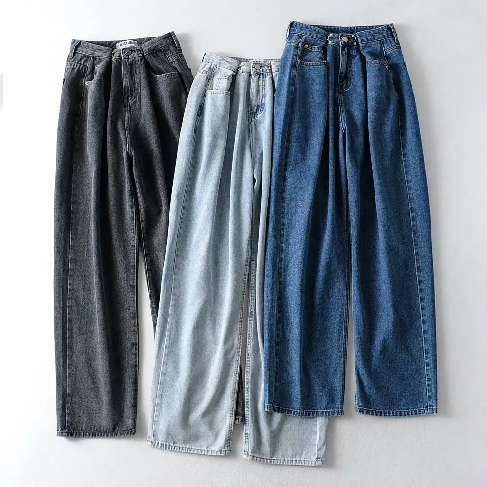 Autumn /Winter High Waisted Jeans Fashion Washed Double Buckle Mopping Wide-Leg Mom Jeans High Waist Denim Baggy Jeans Black