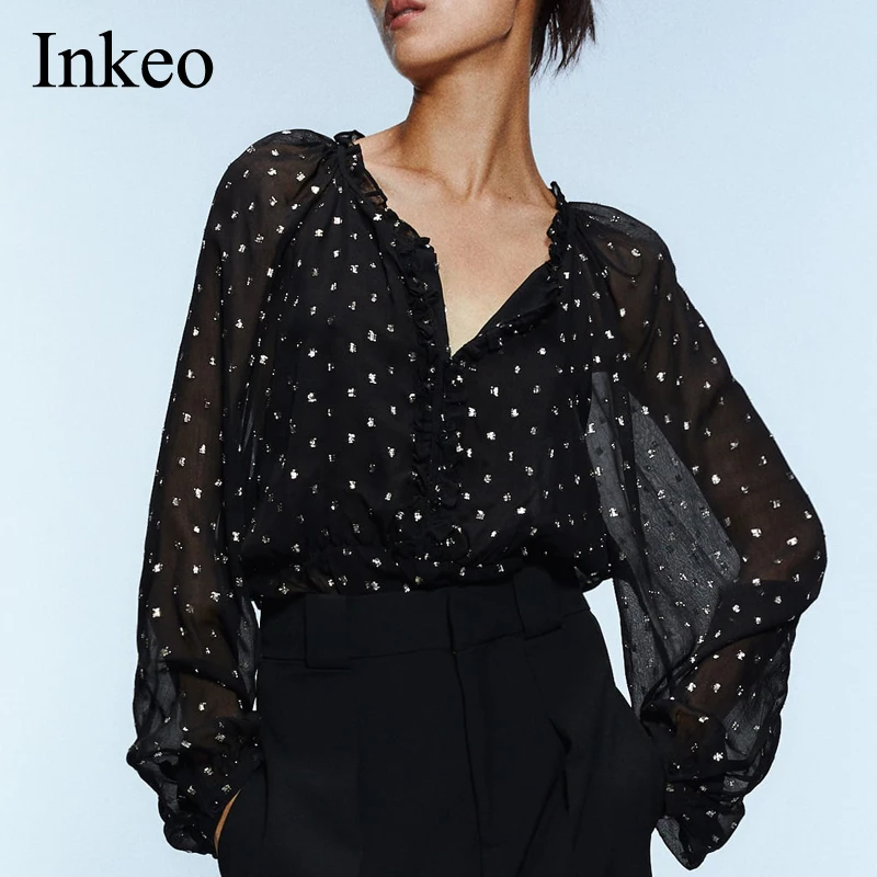 Женская Свободная блузка в Золотой горошек с v образным вырезом и рукавами