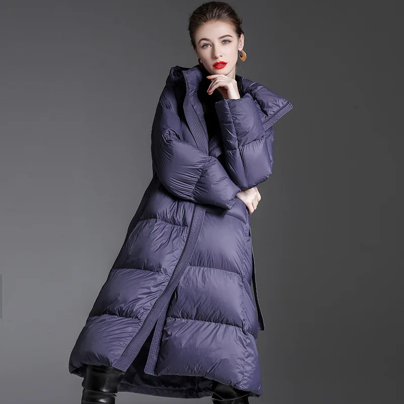 SofBeauForY New White Duck Down Hooded Down Jacket Winter Women Mid-length Wver-the-knee Thick Coat Purple & black colors