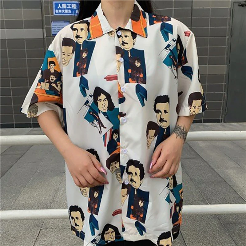 

Летняя модная винтажная блузка с мультяшным принтом корейский Костюм с воротником с коротким рукавом ретро шифоновая рубашка Топ Бохо пляж...