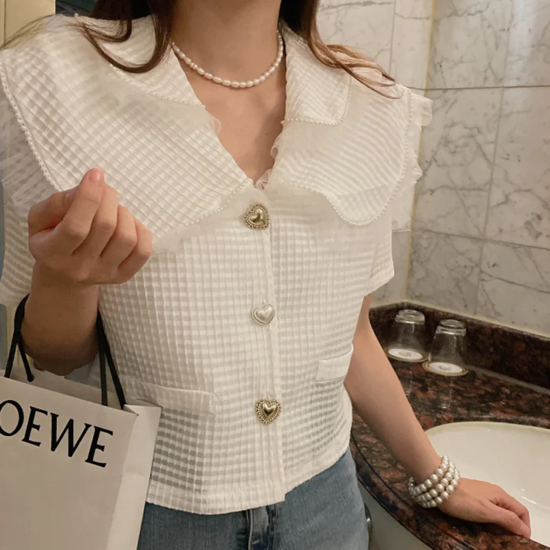 

Woman Shirts Summer New Ins Korean Chic Gentle Double-layer Doll Collar Beaded Mesh Stitching Loose Female Short Tops