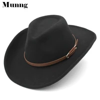 munng 2022 fashion western cowboy hats wool blend upturn wide brim cowgirl jazz caps brown leather band size l for women men