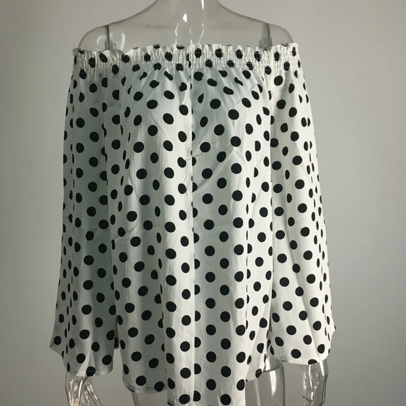 

2020 Fashion Women White Blouse Shirt Summer Women Tops Slash Neck Polka Dot Chiffon Blouse Off Shoulder Ladies Blouses XL 50