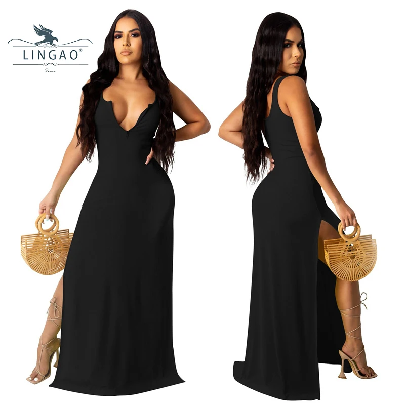 

Summer Casual Women’s Split Fork Dress 2021 Basic Solid Color Mid Waist Dress Sexy Fashion V-Neck Zipper Sleeveless Party Dress