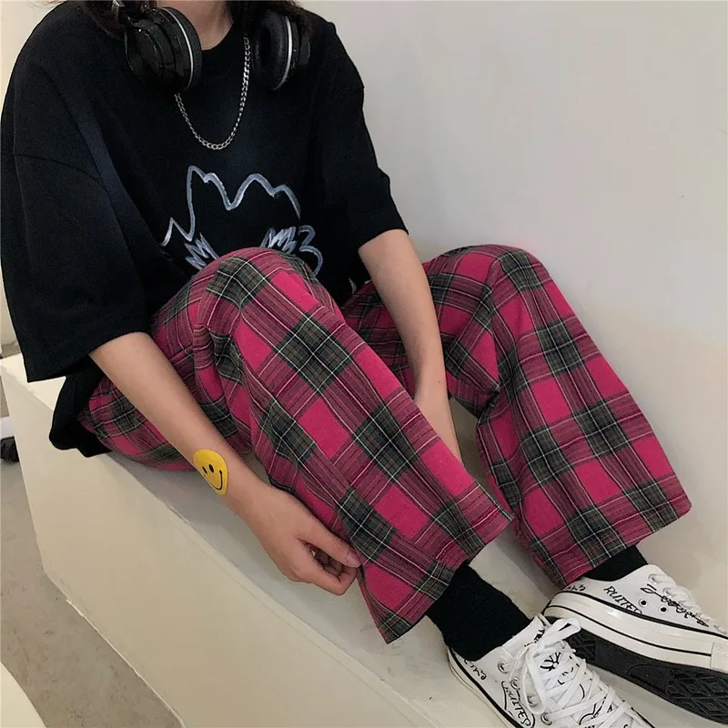 

GOOHOJIO 2020 New Hit Color Casual Plaid Trousers for Women High Waist Pocket Wide Leg Pants Female Fashion New Women Pants