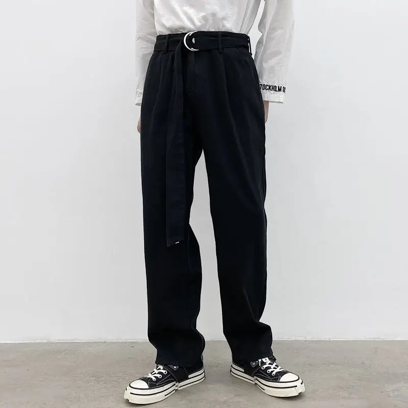 

2020 Solid Color Belt Decoration Men's Loose Baggy Cargo Pocket Jeans Straight Casual Pants Biker Denim Streetwear Trousers