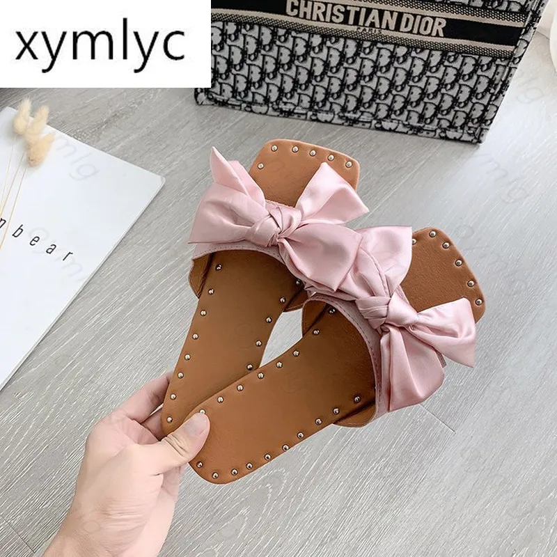 

Summer Women Bowtie Slippers Women's Silk Flat Woman Rivet Ladies Open Toe Slides New Female Non Slip Elegant Shoes Plus Size 43