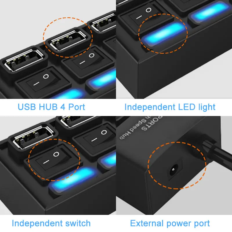 

Hot Selling New USB 2.0 HUB Multi USB Splitter 4 Ports LED USB 2.0 Adapter Hub Power on/off Switch For PC Laptop High Speed