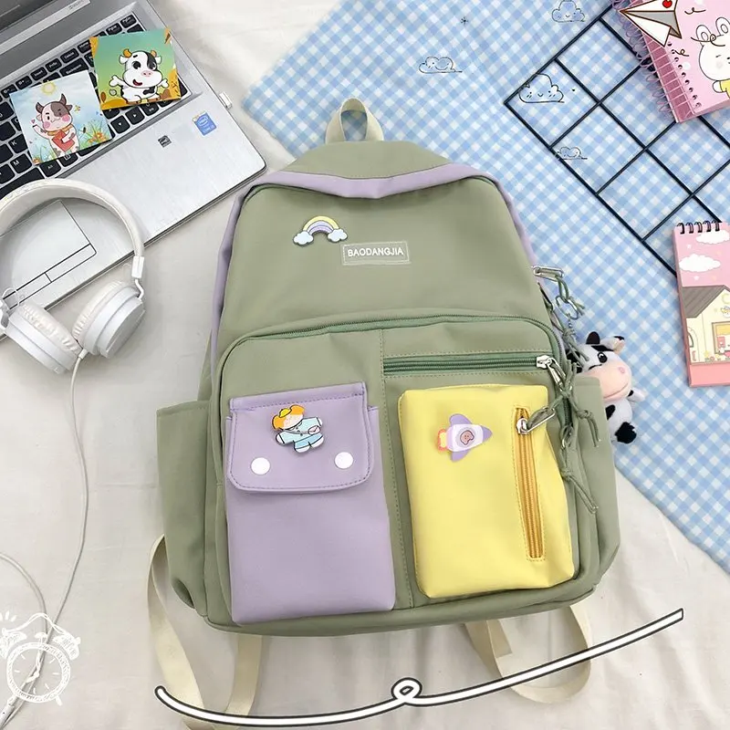 Canvas Schoolbags For Teenage Girls Children Shoulder Bags Trend Female Backpack Fashion for Women with Rainbow Green Pink
