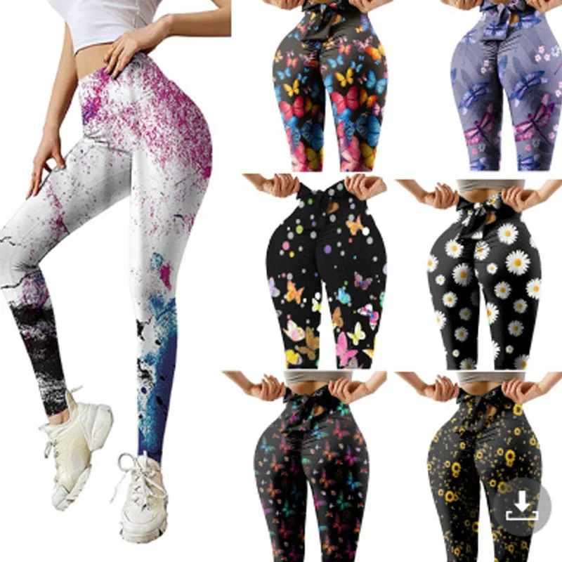 

Женские новые штаны для фитнеса с высокой талией и принтом, женские персиковые Сексуальные Леггинсы для йоги с высокой талией и бантом в скл...