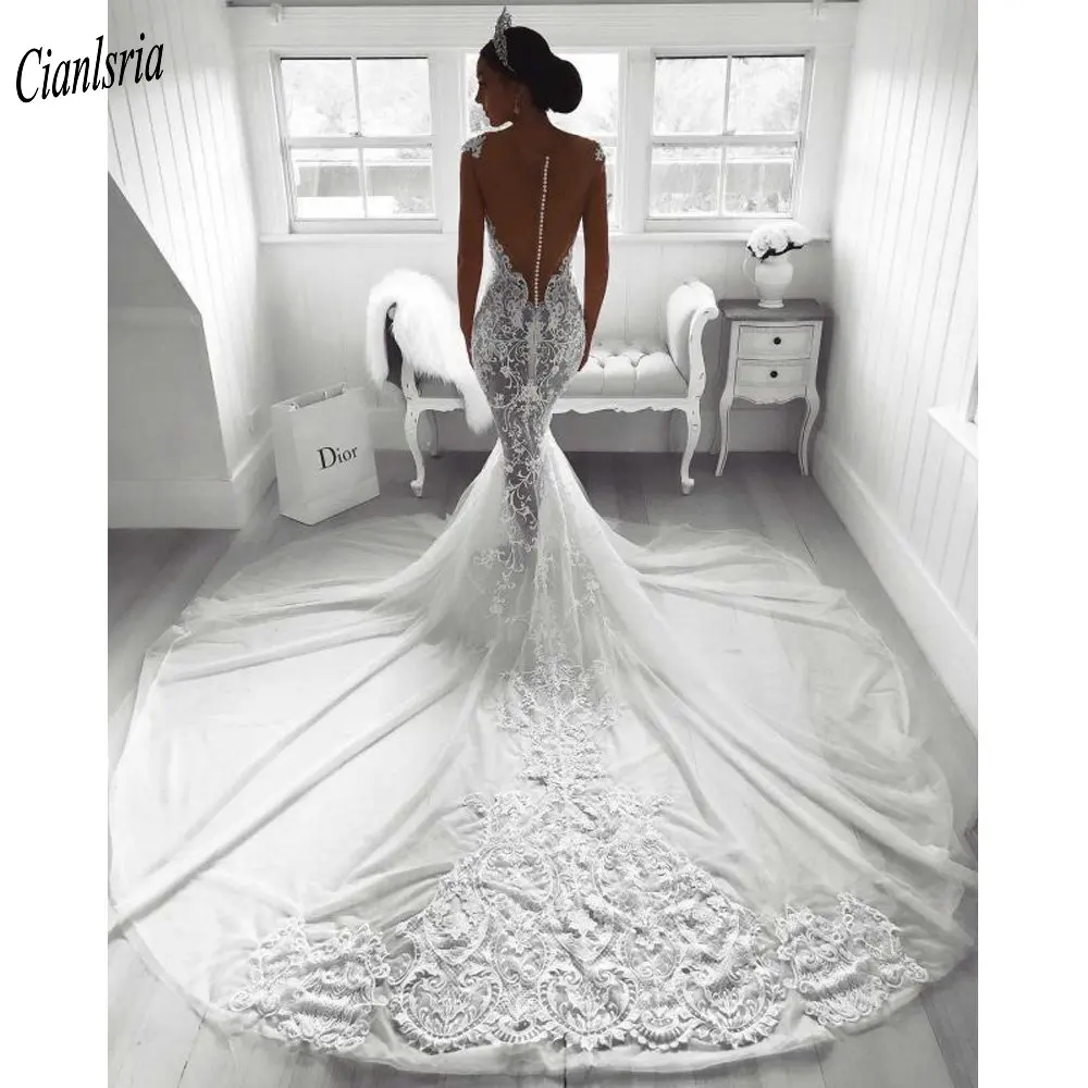 

Romantic Sweetheart Spaghetti Straps Dubai Arabic Mermaid Wedding Dress Sleeveless Illusion Back Appliques Lace Bridal Gown