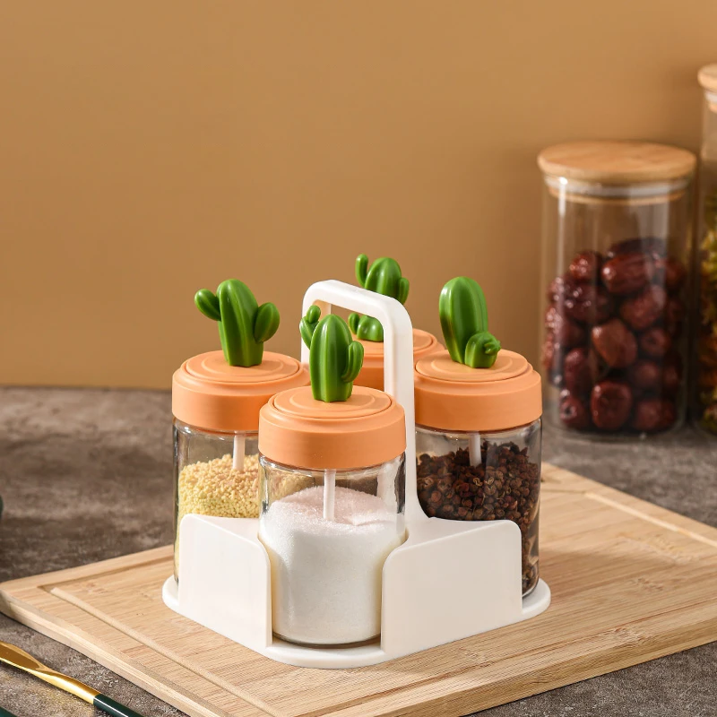 

1/3/4pcs Cactus Seasoning Organizer Jars With Spoon Plastic Lid Glass Body Dampproof Seasoning Bottle Sets For Kitchen Supplies