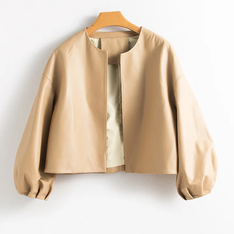 

Genuine Leather Sheepskin Lantern Sleeve Leather Jacket Women Puff Sleeve Collarless Cardigan Small Short Top Fashion
