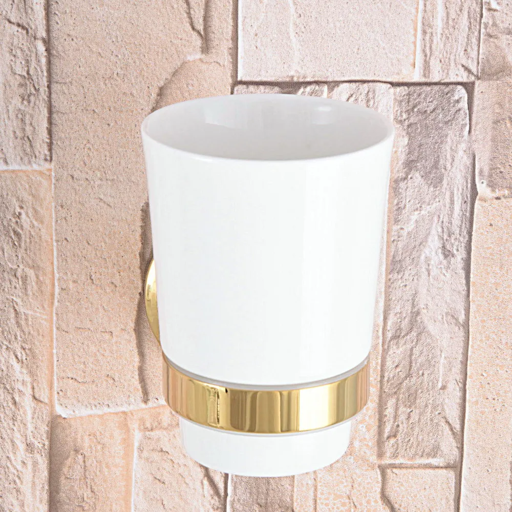 

Polished Gold Brass Hotel Bathroom Wall Mount Single Ceramic Cup Toothbrush Holder 2ba592