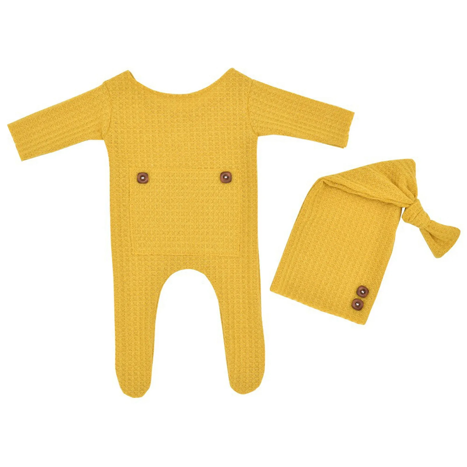 

New Newborn Infant Baby Girls Boys Solid Colors Knitted Photography Prop Clothing Footed Romper Button Overalls Hat 2pcs Set