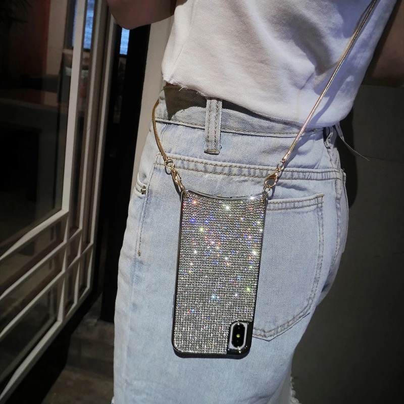 Блестящие стразы, Алмазный чехол через плечо для iPhone XS MAX XR X 6 8 7 Plus 11 Pro, Женский чехол с длинным ремешком и металлической цепочкой