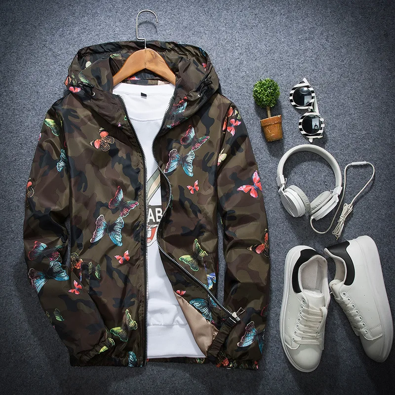 

520 Men Jacket Hooded Youth Fashion Casual Loose Camouflage Flower Butterfly Printing Color Matching Couple Zipper Outerwear
