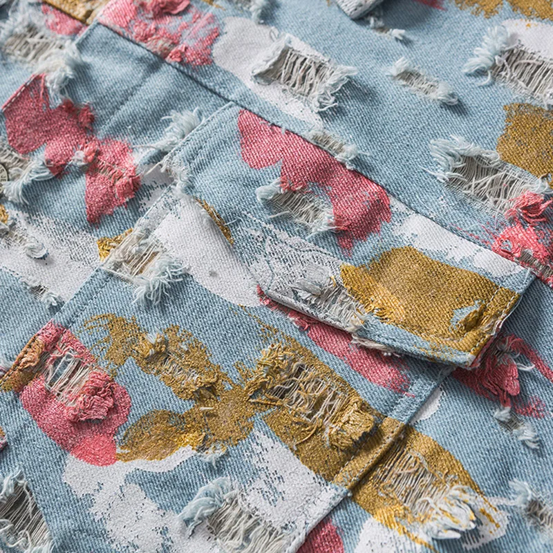 

Men's ripped graffiti denim jacket contrast color lapels motorcycle jacket technology clothing jacket coat Harajuku retro punk