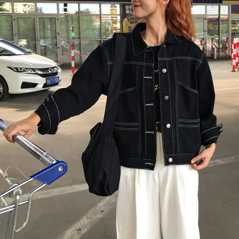 Новая джинсовая куртка для женщин в стиле Харадзюку черная весенне-осенняя новая