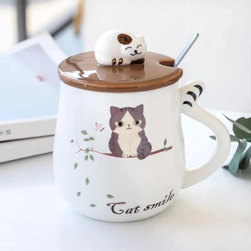 

420ML Creative Cartoon Cute Cat Mug Large Capacity Spoon with Lid Student Milk Breakfast Mugs Ladies Office Coffee Cup