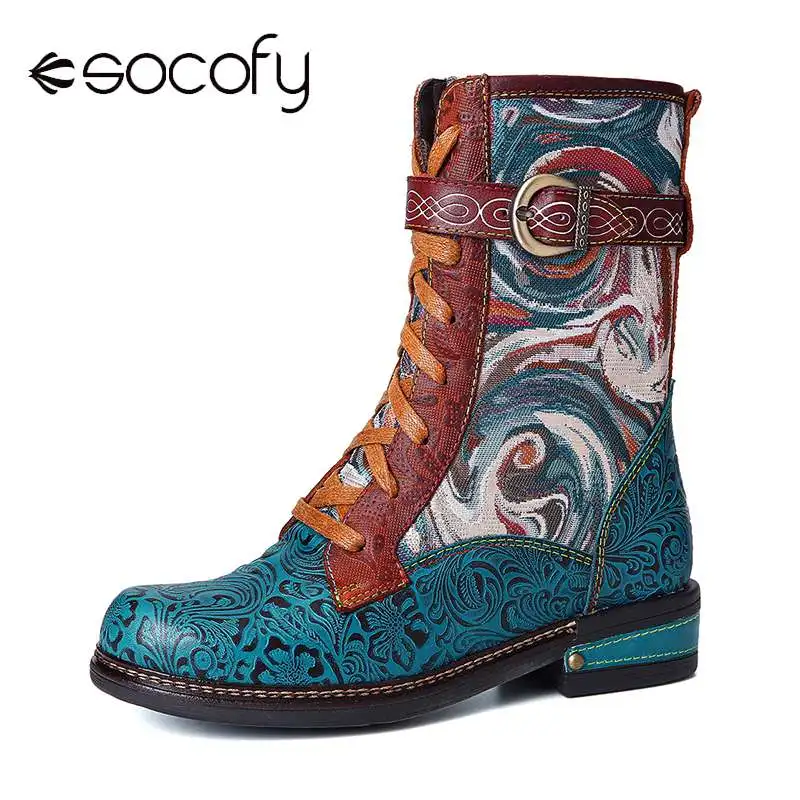 SOCOFY Botas Mujer Embossed Genuine Leather Splicing Fancy Pattern Lace Up Zipper Flat Short Boots Ladies Shoes Women Winter | Обувь