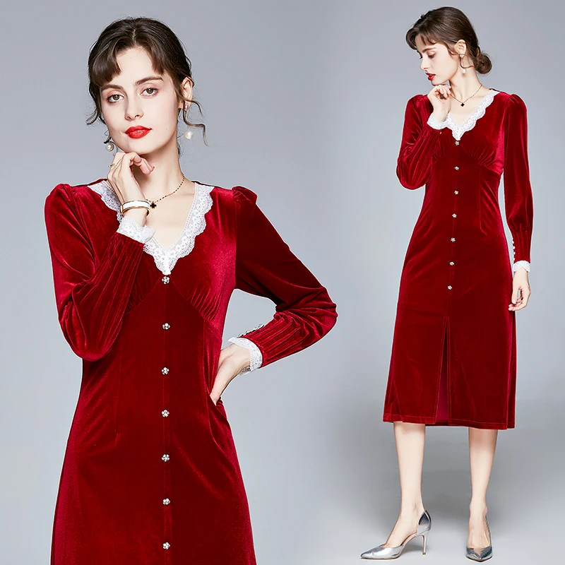 Winter Lace Stitching V-neck Red Gold Velvet Dress Women Long Sleeve Gothic Midi Christmas Party Robe Pull K8731 | Женская одежда