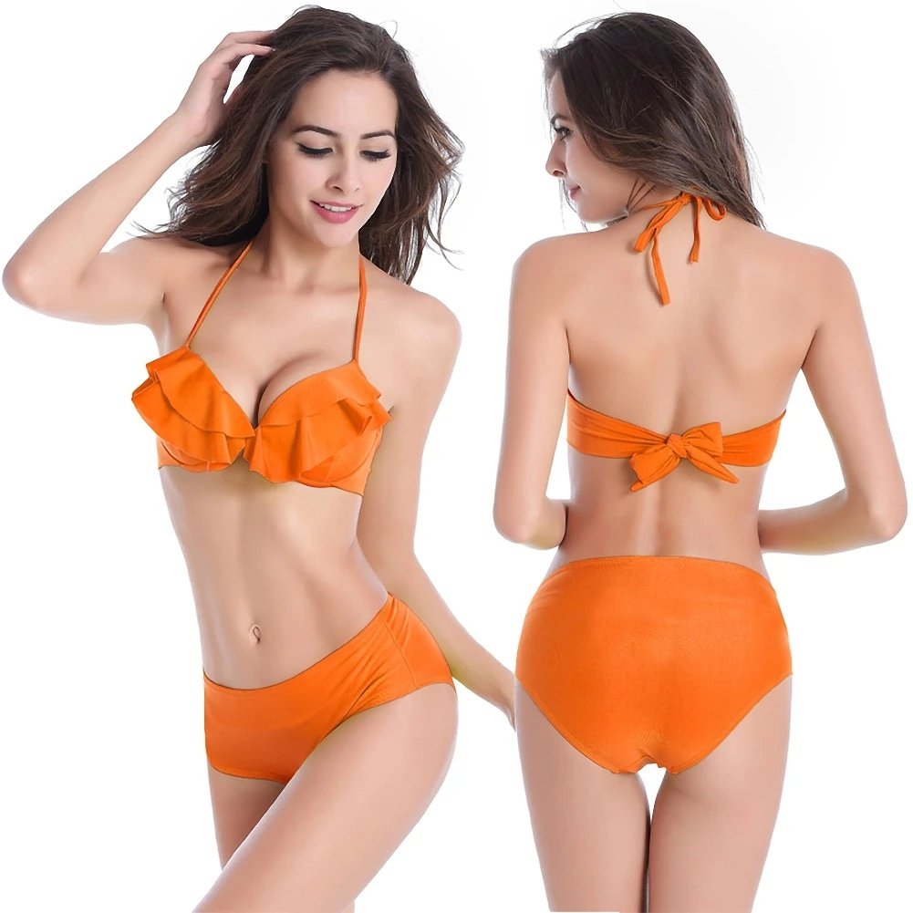 

Sexy Solid Color Mid-waist Steel Drag Bikini Covering Belly and Thin Female Ruffled Swimsuit Bathing Bather Clothes Swimwear