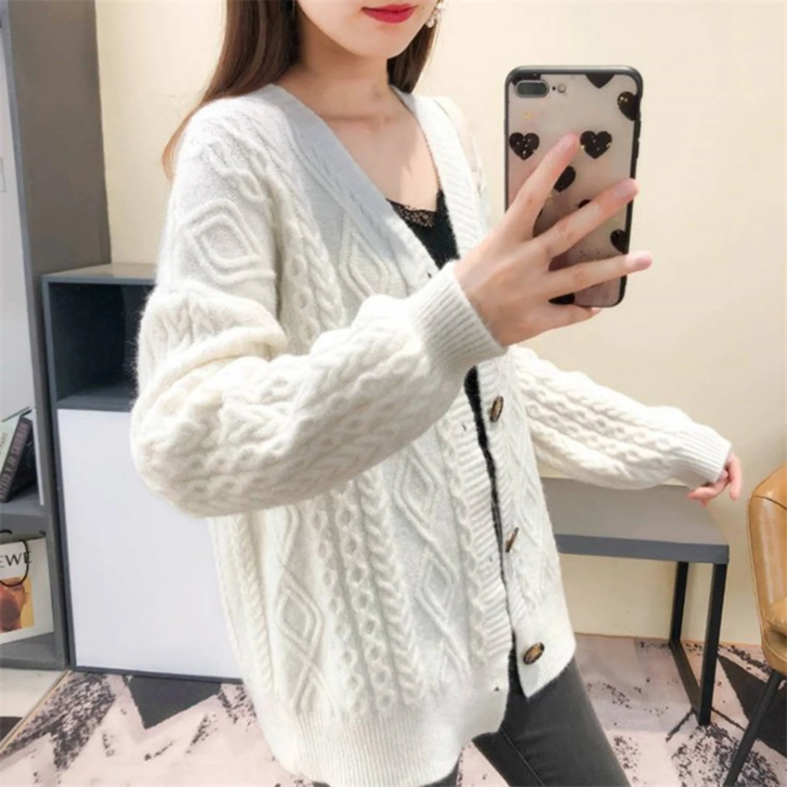 

2020 Winter Autumn Women Loose Open Front Knit Cardigan Sweater Coat V-Neck Button Knitied Jumper- Knitwear Female Casual Cloth