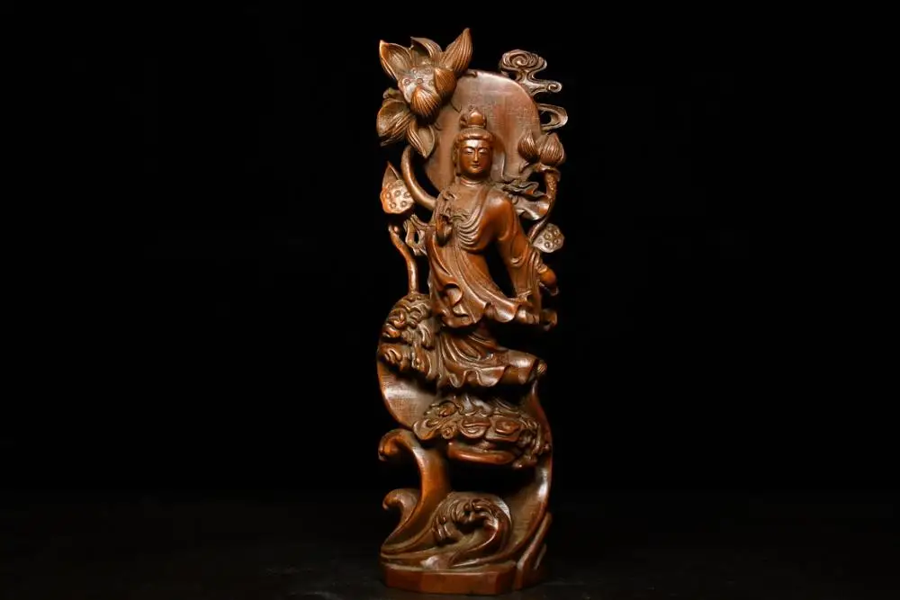 

7" Old China Buddhism Boxwood Wood Carved Lotus GuanYin Kwan-yin Buddha Statue