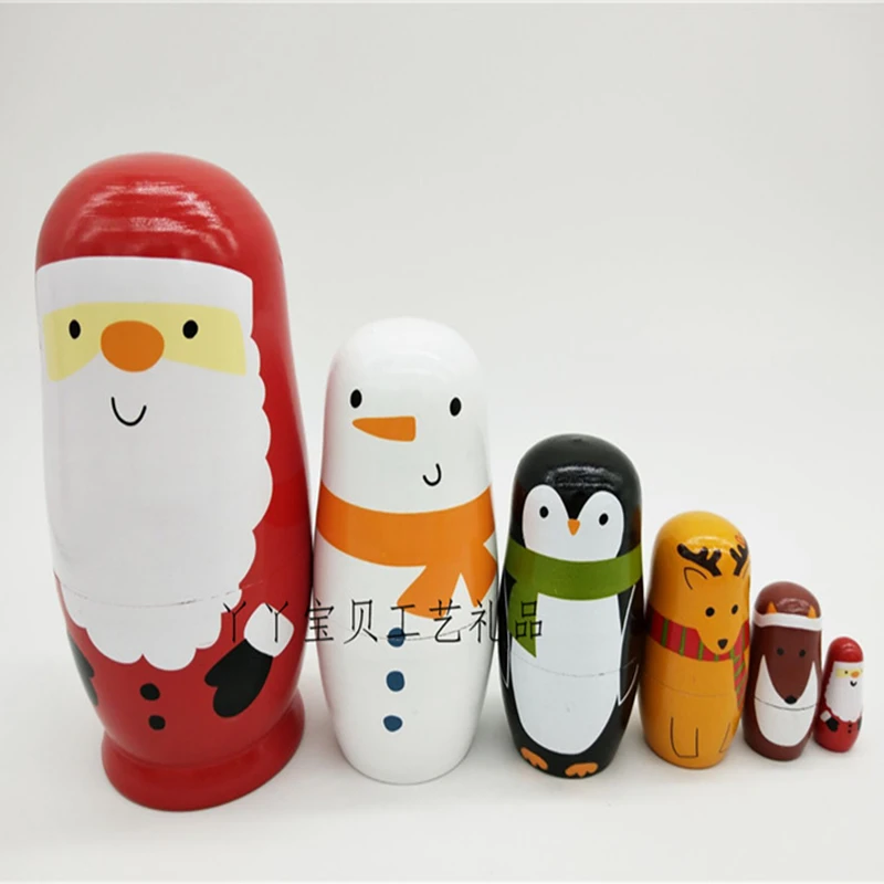 

6 Layers Wooden 14.5cm Height Cartoon Russian Matryoshka Dolls Snowman Santa Claus Elk Penguin Photos