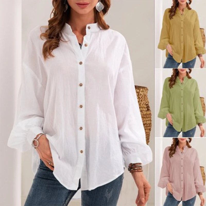

Tops blouse women spring summer 2021Shirts solid color long sleeve oversize shirt cotton femme linen Blouses Korean Clothing top