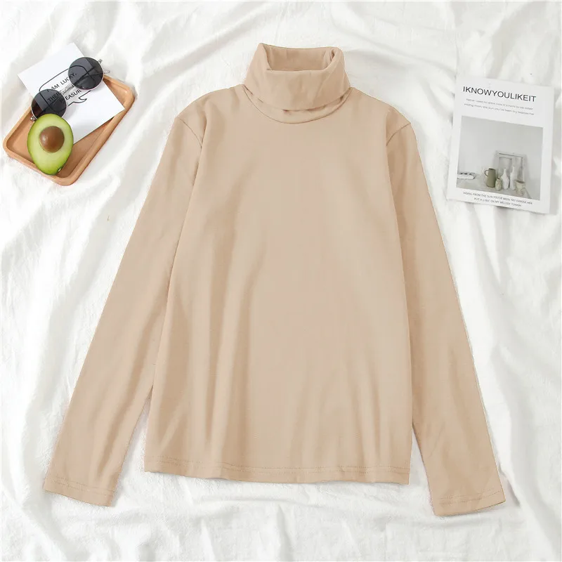 Light Khaki GCAROL, Новое поступление, Осень-зима, Женская водолазка, базовые Топы, тонкая рубашка с длинным рукавом, стрейчевая, винтажная, без подкладки, верхняя одежда - Цвет: Light Khaki