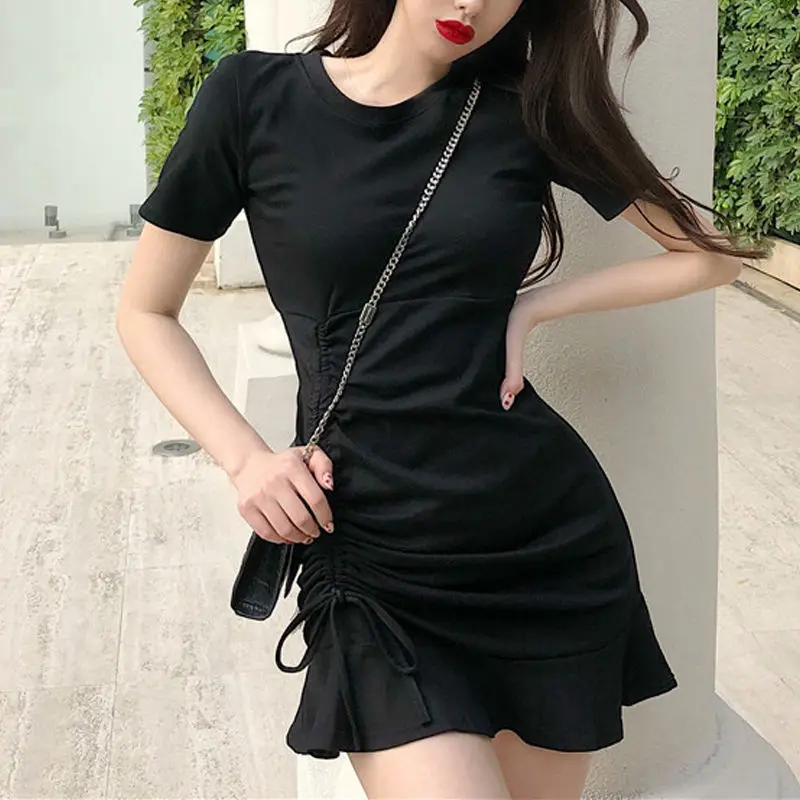 

Women's Summer Grey Round Neck Ruffled Fishtail Short Sleeve Dress Black Harajuku Dress Slim Sexy Drawstring Wide Loose Dress