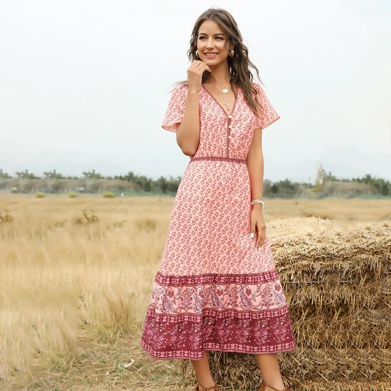 Винтажное платье с V-образным вырезом и коротким рукавом длинное пляжное в стиле