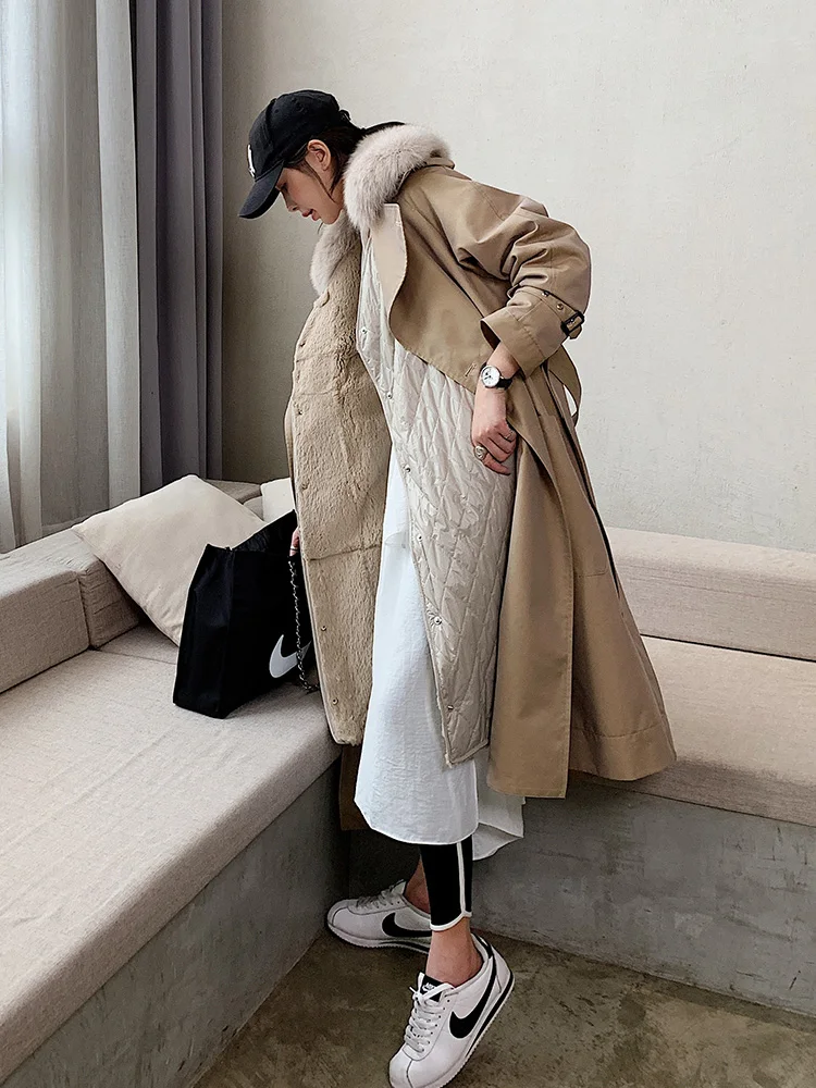 Женская куртка с воротником из лисьего меха зимняя одежда подкладка кроличьего