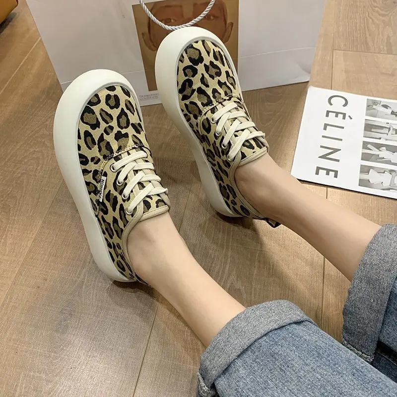

MIYEDA Women Casual Flat Shoes Spring Cool Leopard Lace-Up Round Toe Shoes Female Summer Canvas Walking Board Shoes