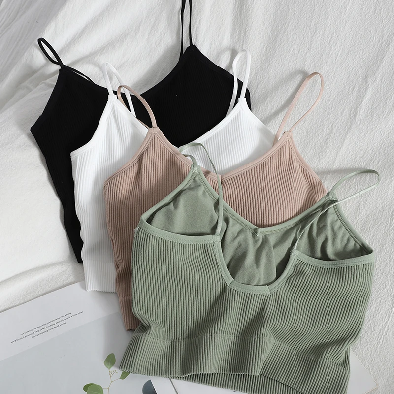 

Pearl Diary Women Summer V Neck Cropped Top With Inner Bra Sexy Backless Strappy Solid Color RibTop Sporty Yoga Knit Rib Tops