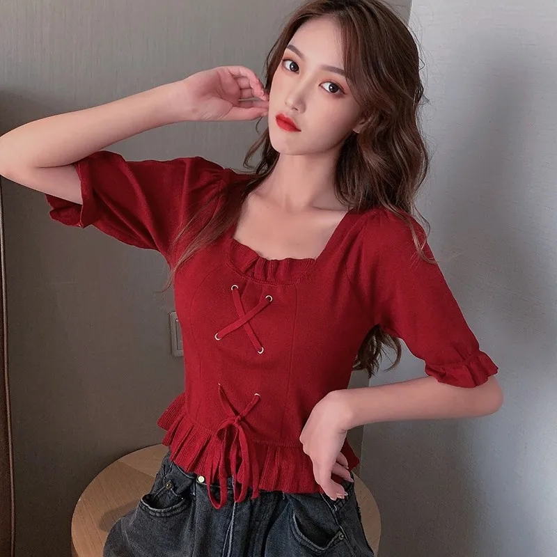 

Women Knit Crop Top Fashion Slim-fit Cross Strappy Ruffles T Shirt Short Sleeves Solid Color T-shirt