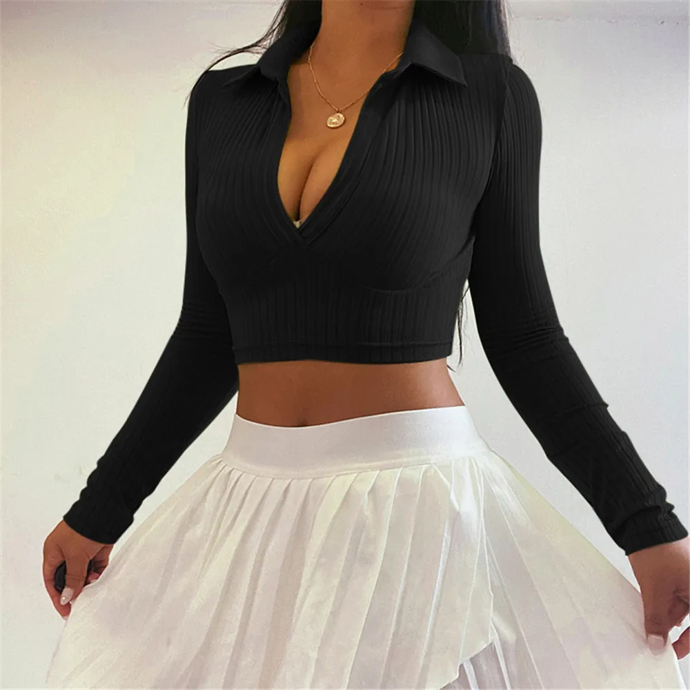 

Autumn Women Long Sleeve T Shirt Solid Color Deep V-Neck Turn-Down Collar Blouse Crop Tops Pullover 2021