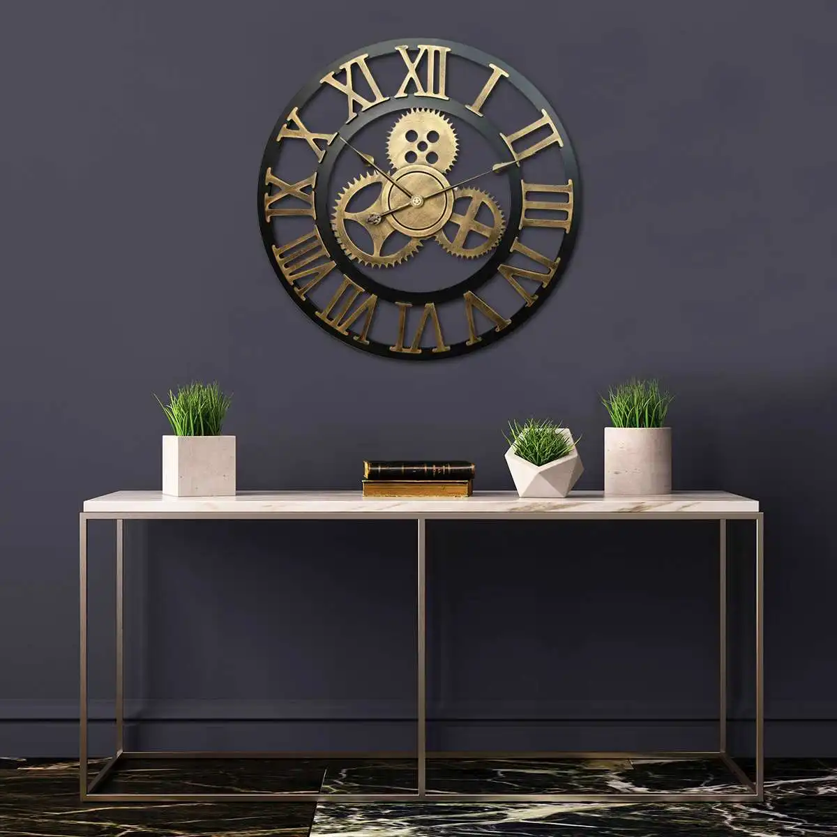 

60cm 3D Circular Retro Roman Wrought Hollow Iron Vintage Large Mute Decorative Wall Clock On The Wall Decoration Home