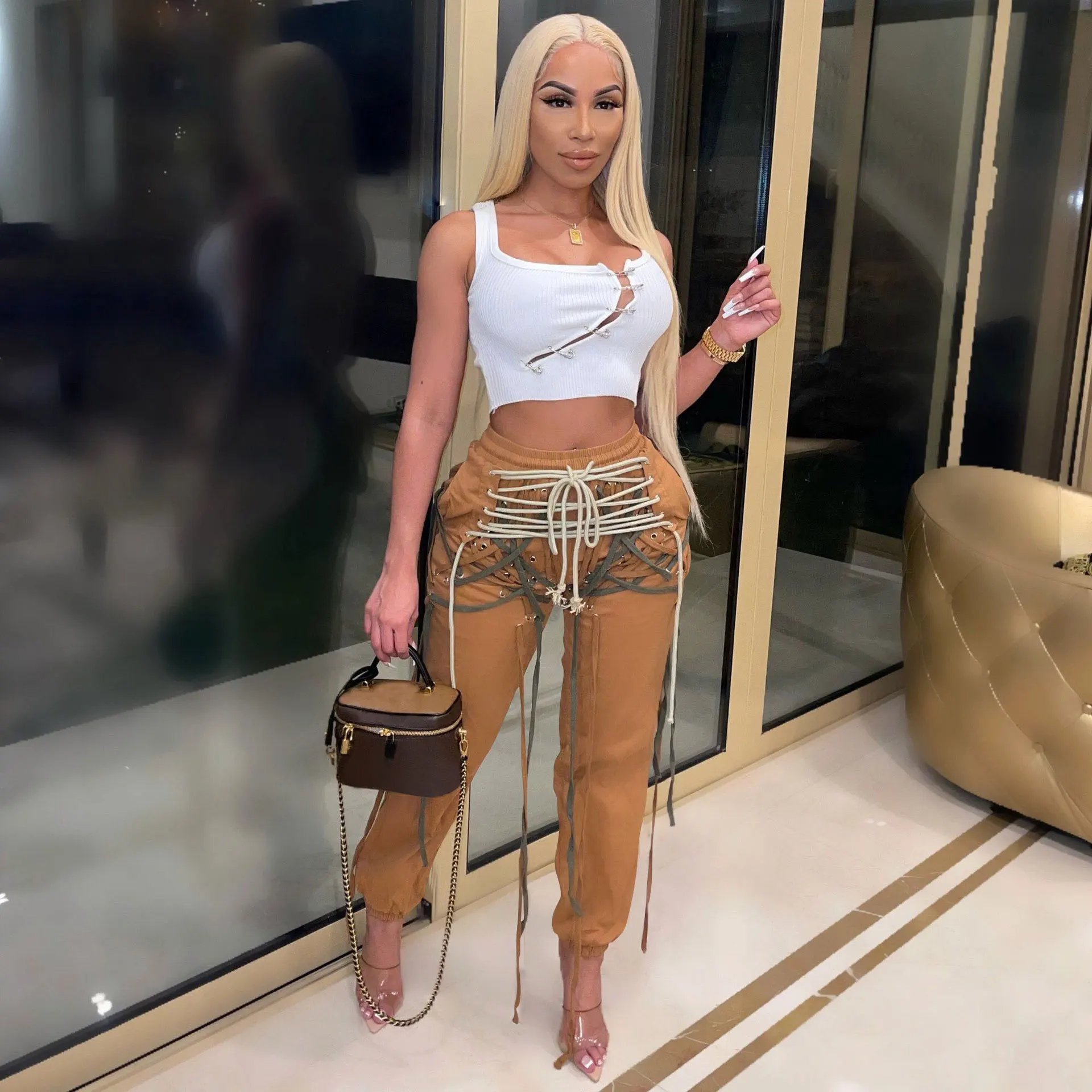 

Women Jeans Strings Eyelet Cross Straps Casual Long Trousers Fashion Streetwear Hip Hop Punk Female Wash Irregular Denim Pants