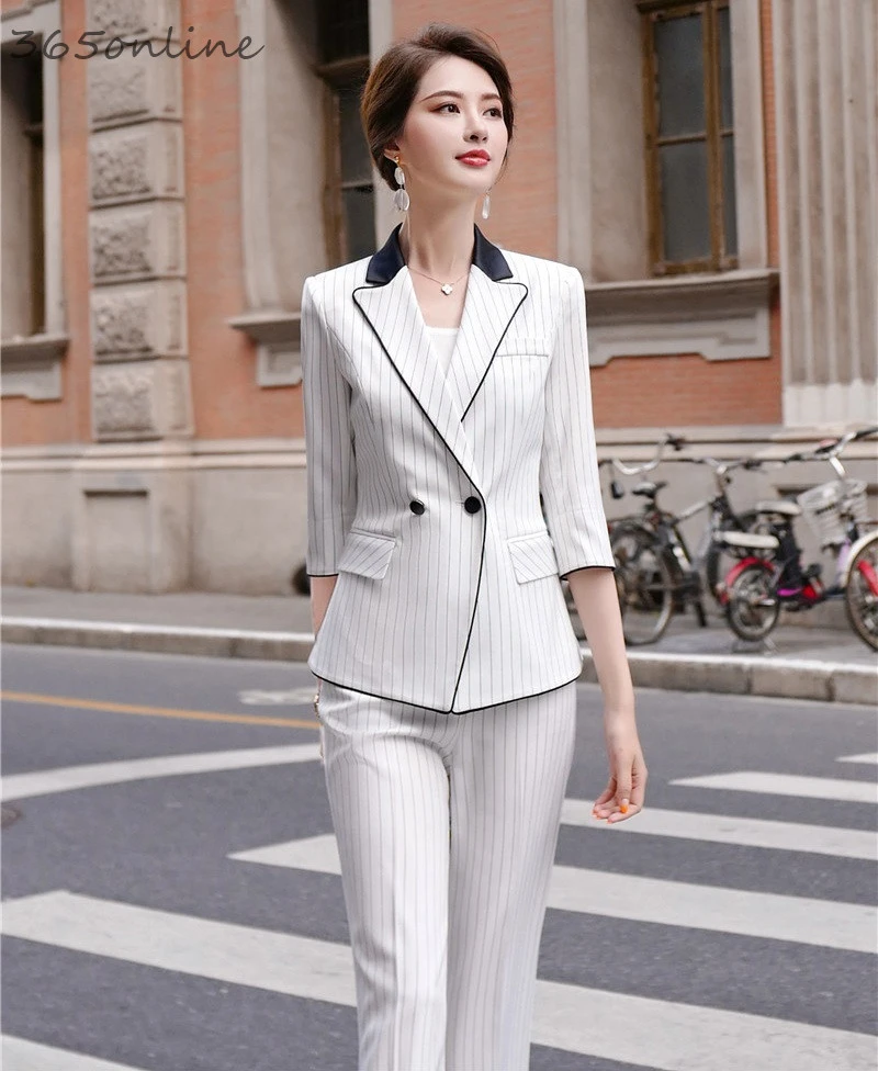 

New Styles Spring Summer Formal Uniform Designs Pantsuits with 2 Piece Set Pants and Jackets Coat OL Professional Blazers Set
