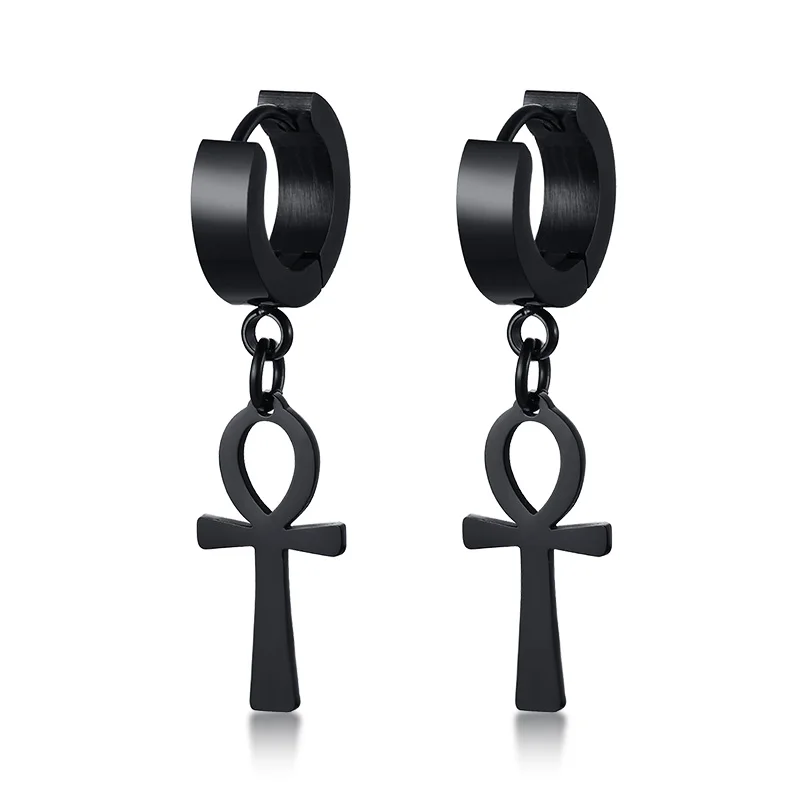 black hoop earrings Вечный крест египетская Клеопатра Ankh серьги для мужчин ювелирные изделия антиквариат Черный Нержавеющая сталь египетская королева Анкара серьги - Окраска металла: black hoop earrings