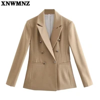 xnwmnz women 2021 early autumn new fashion double breasted slim blazer coat vintage long sleeve pockets female outerwear chic